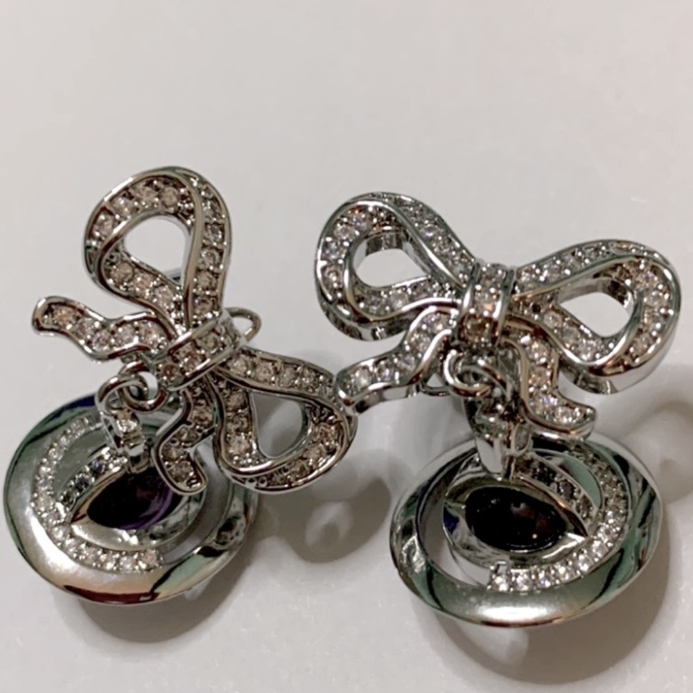 silver tone signature Orb Drop of crystal Bow small earrings - Picture 6 of 10